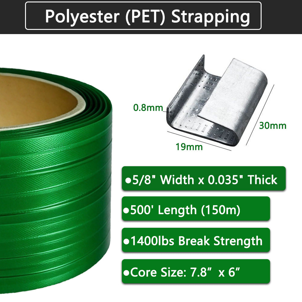 Konnfeir PET Strapping Banding Roll 5/8" x 0.035" 1400lbs Break Strength Polyester Strap for Heavy Duty Packaging UV Water Rust Resistance