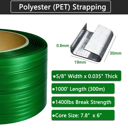Konnfeir PET Strapping Banding Roll 5/8" x 0.035" 1400lbs Break Strength Polyester Strap for Heavy Duty Packaging UV Water Rust Resistance