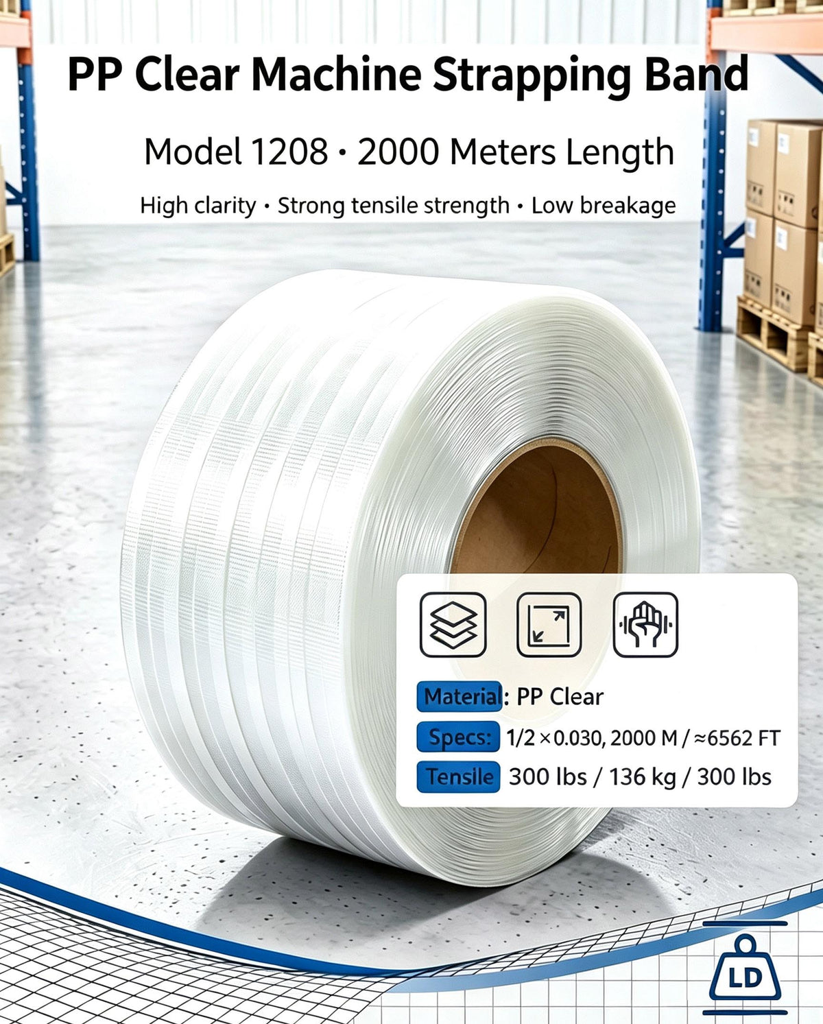 Konnfeir Hand Grade Polypropylene (PP) Strapping Coil 0.059" x 0.0315" 330lbs Break Strength White Poly Strap for Manual Packing Box Packing Strapping