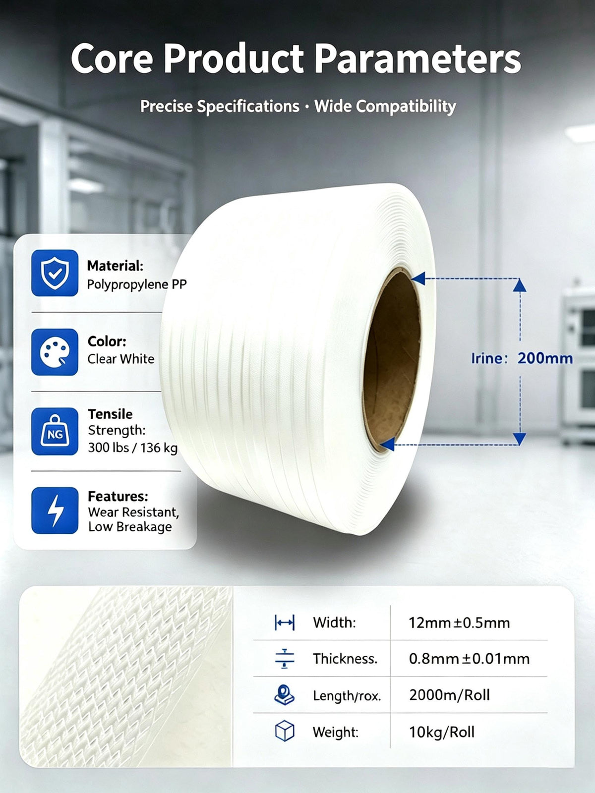 Konnfeir Hand Grade Polypropylene (PP) Strapping Coil 0.059" x 0.0315" 330lbs Break Strength White Poly Strap for Manual Packing Box Packing Strapping